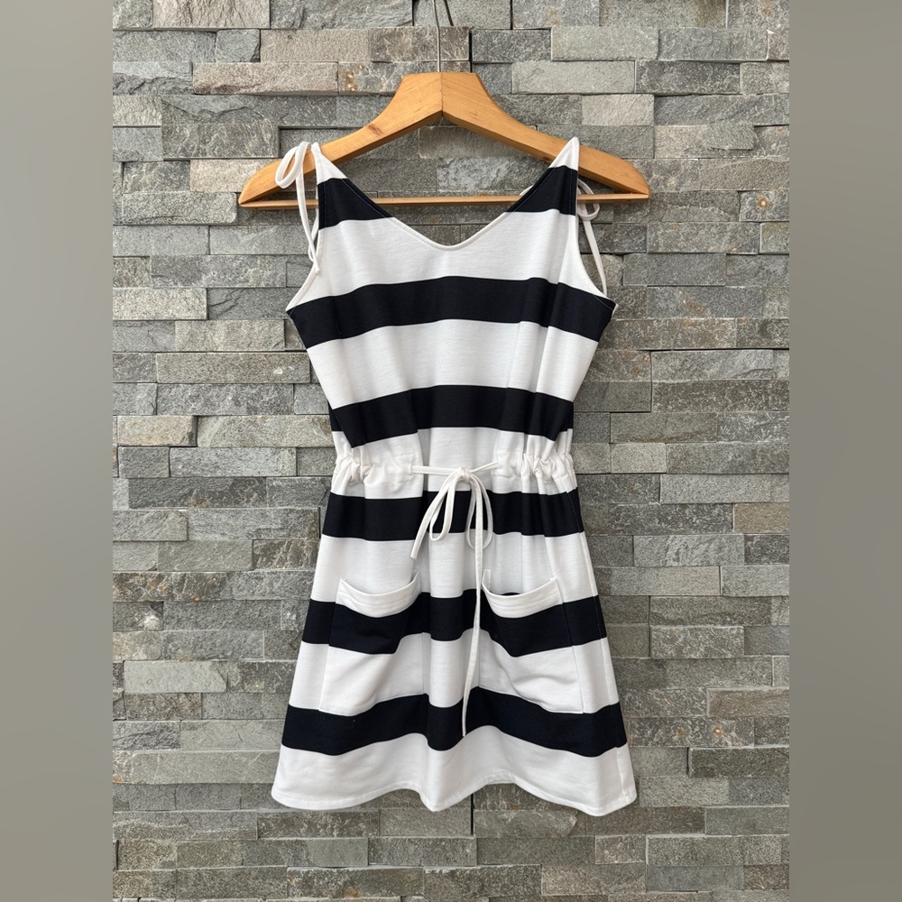 Navy Blue and White Nautical Drawstring Waist Mini Dress Swimsuit Cover Up Small